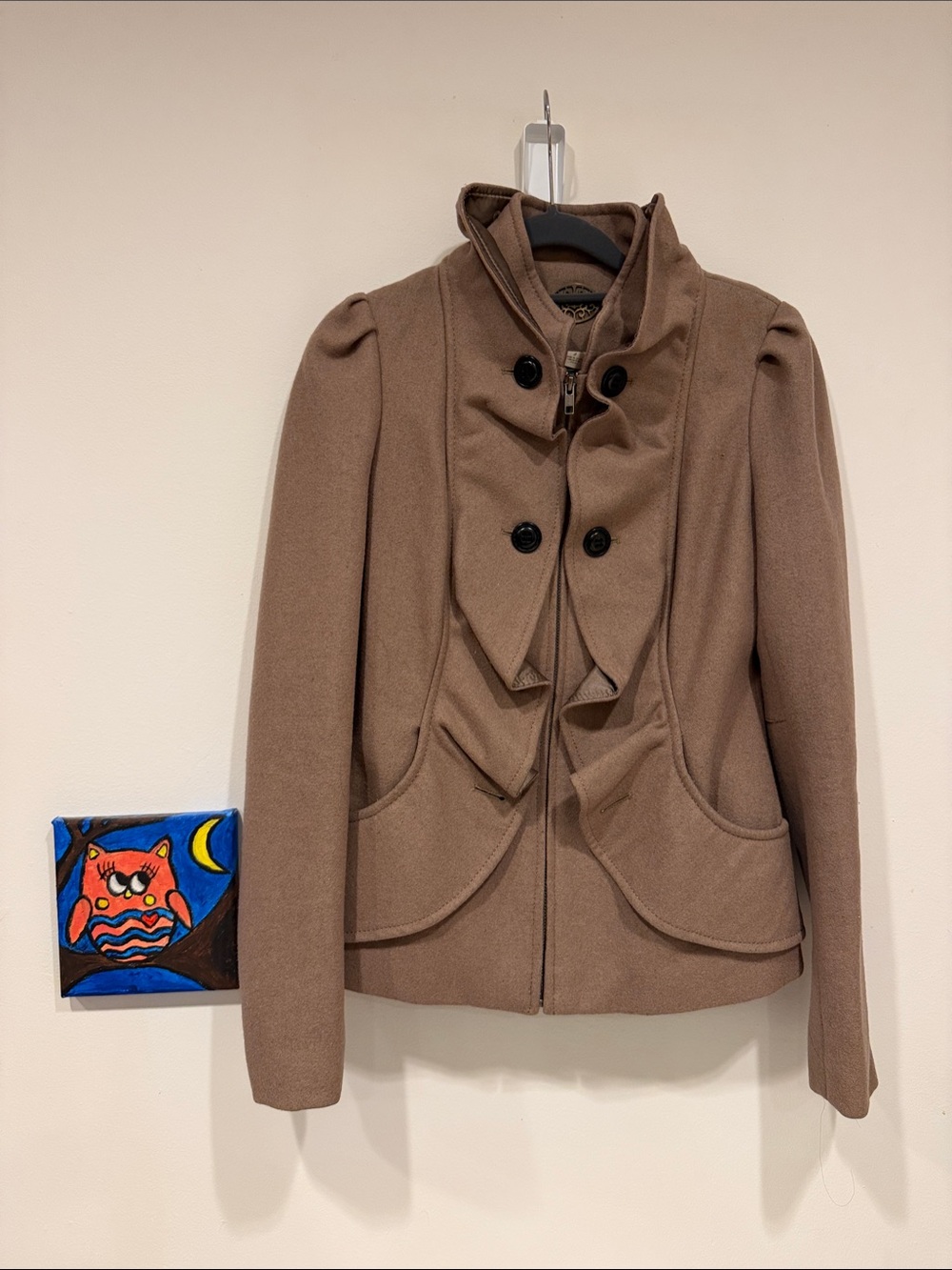 Anthropologie Taupe Brown Double-Breasted Puff-Sleeve Pea Coat